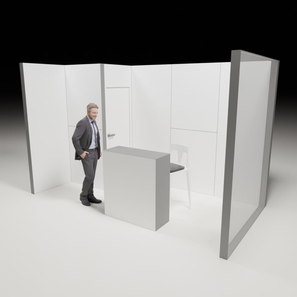 4x2m booth with counter, office, and mesh