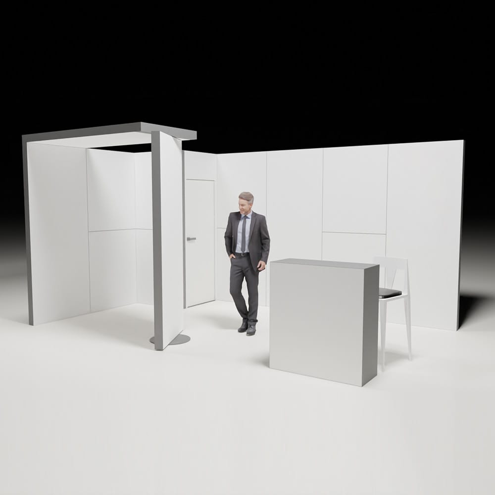 5x3m booth with counter, storage area, and rotating section