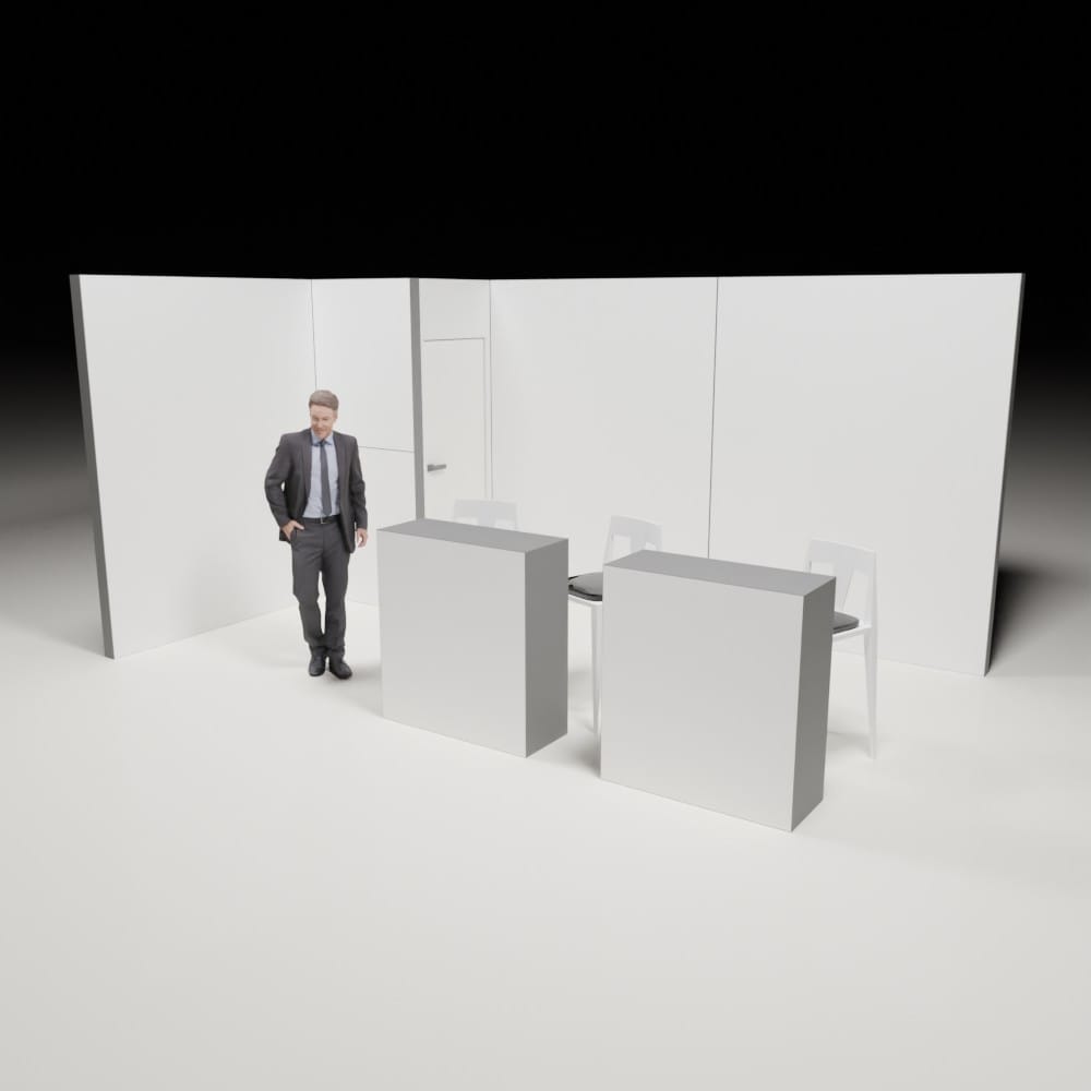 5x3 booth with 2 counters and a storage room