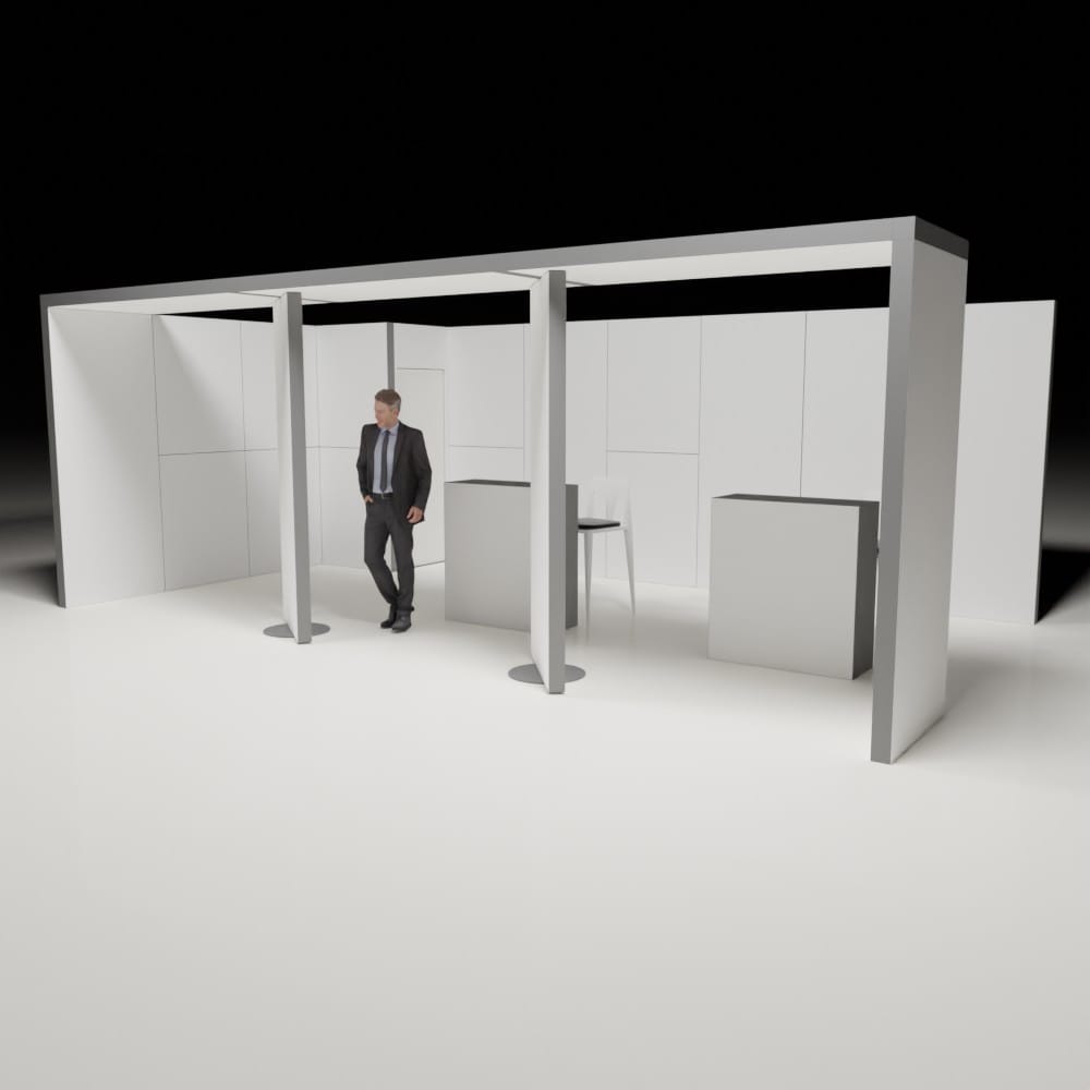 7x4m booth with 2 counters, a storage room, a canopy, and 2 rotating sections